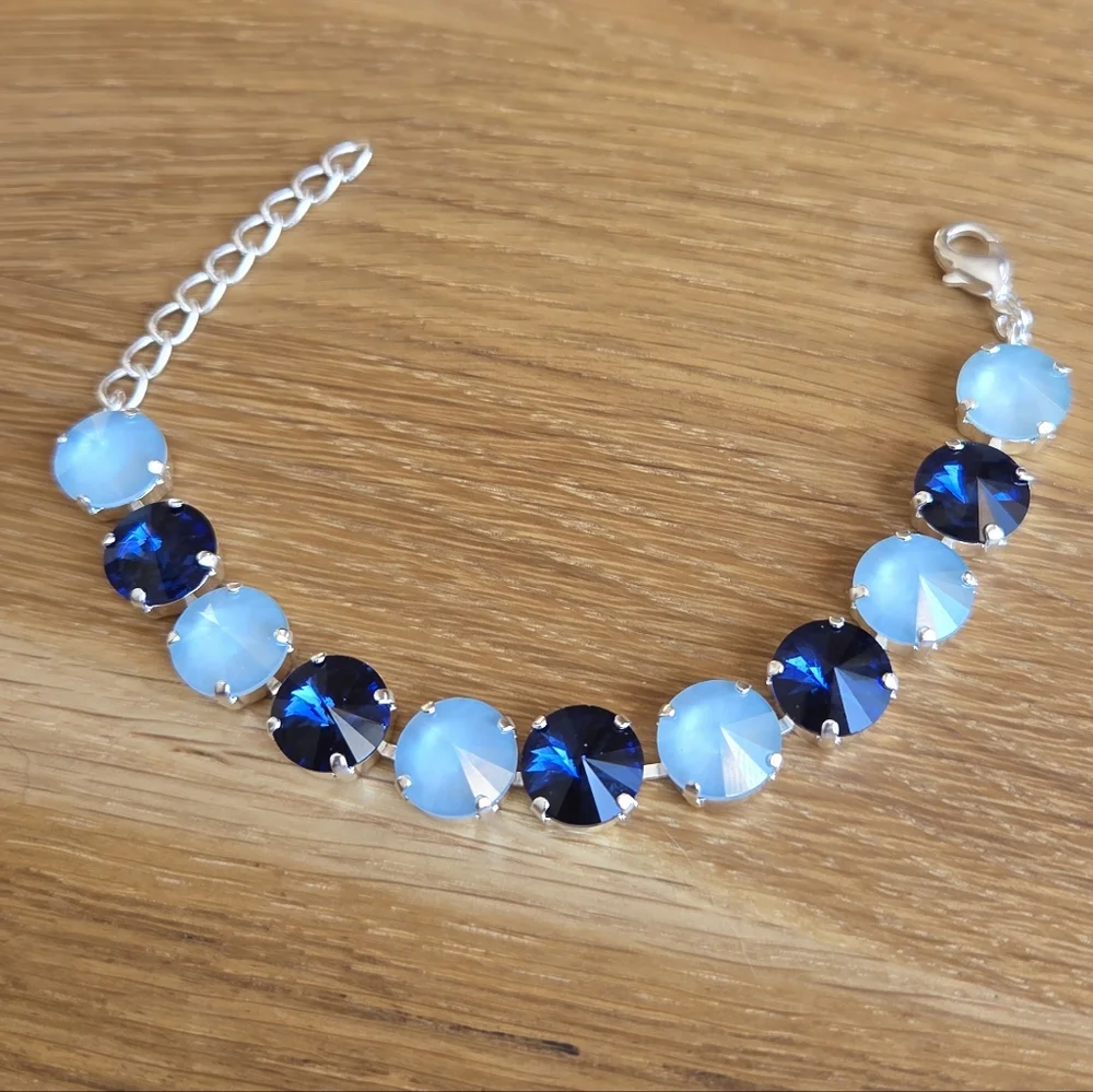 Silver Setting Bracelet, Blue Rivoli Crystals, Hand Crafted